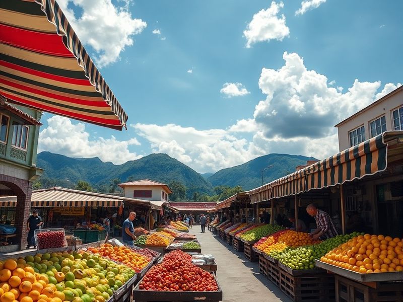 A vibrant street scene in Pasto, Colombia, featuring colonial architecture, colorful buildings, and a bustling plaza with loc