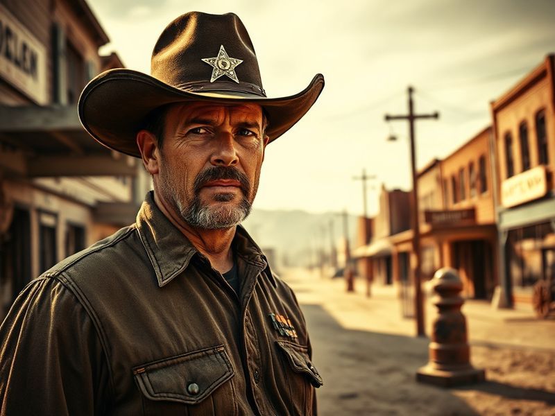 A cinematic shot of a rugged sheriff standing in a dusty Western town at sunset, flanked by a diverse cast of actors in perio