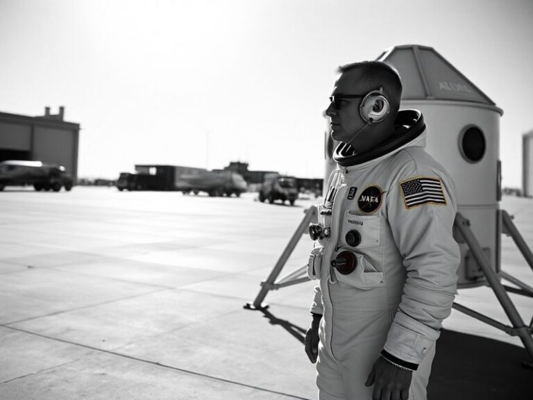A vintage NASA photograph of Charlie Duke standing on the lunar surface during Apollo 16, wearing a spacesuit with the Americ