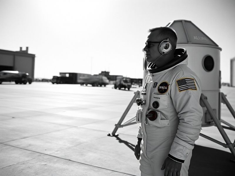 A vintage NASA photograph of Charlie Duke standing on the lunar surface during Apollo 16, wearing a spacesuit with the Americ