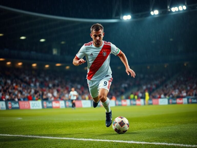 A dynamic action shot of Andrija Jelačić in a blue and white FC Dordrecht jersey, mid-dribble on a rainy Dutch pitch, with bl