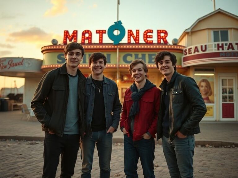 A group of four teenage boys standing in a school hallway, looking awkward and slightly embarrassed, with a mix of British an