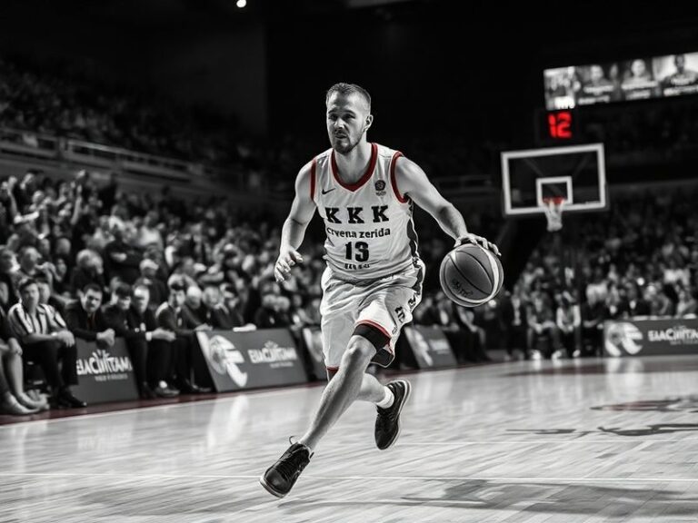 A dynamic action shot of Nikola Topic in a Serbian national team jersey, mid-game with the ball in hand, surrounded by defend