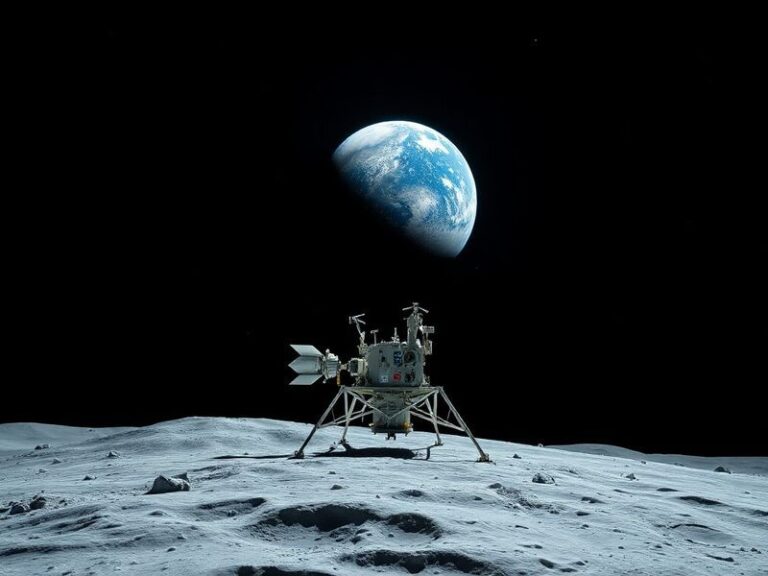 A detailed illustration of NASA's Artemis 3 mission, featuring the Orion spacecraft approaching the Lunar Gateway, a lunar la