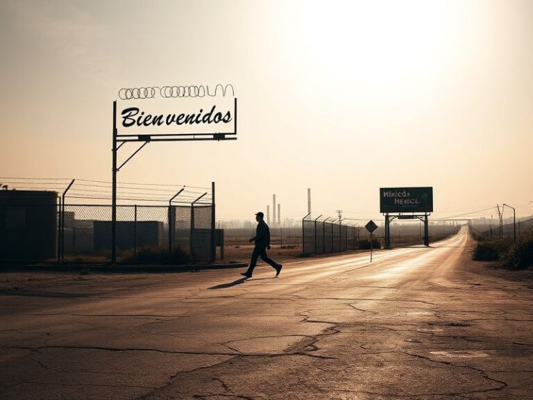 Aerial view of Juárez at dusk, showing maquiladora factories along the Rio Grande, with Tijuana’s coastal skyline in a split-