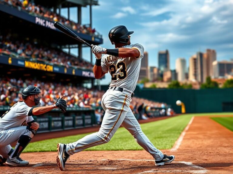Andrew McCutchen mid-swing during his playing days, wearing a Pittsburgh Pirates uniform with his iconic #22 jersey, captured