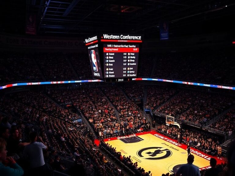 A fast-paced NBA game in a packed arena, featuring the Denver Nuggets in blue and white, with the Oklahoma City Thunder in or