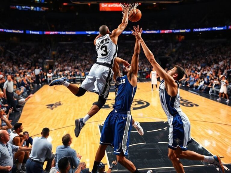 A dynamic NBA court scene featuring Victor Wembanyama of the Spurs and Luka Dončić of the Mavericks mid-play, with fans blurr