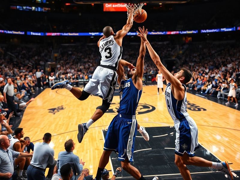 A dynamic NBA court scene featuring Victor Wembanyama of the Spurs and Luka Dončić of the Mavericks mid-play, with fans blurr