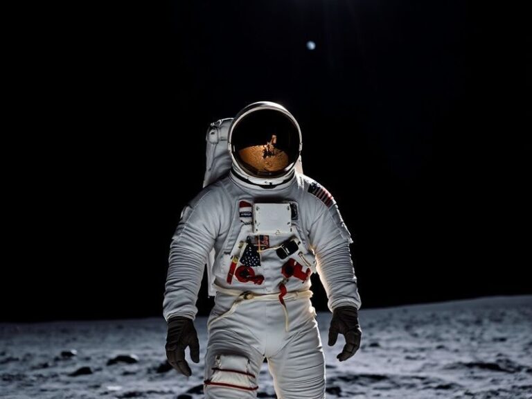 A black-and-white photograph of Neil Armstrong in his NASA spacesuit, standing on the lunar surface with the American flag an