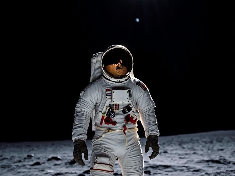 A black-and-white photograph of Neil Armstrong in his NASA spacesuit, standing on the lunar surface with the American flag an