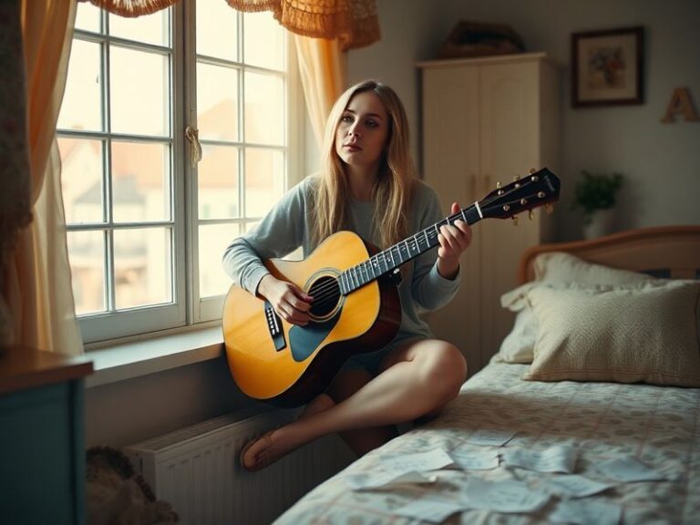 A moody, close-up portrait of Holly Humberstone in a dimly lit room, wearing a cozy sweater, with a vintage microphone in the