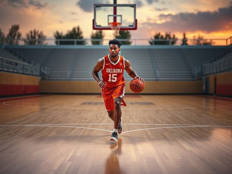 Blake Hinson in mid-air, executing a dynamic basketball move during a game in a packed international arena, with diverse fans