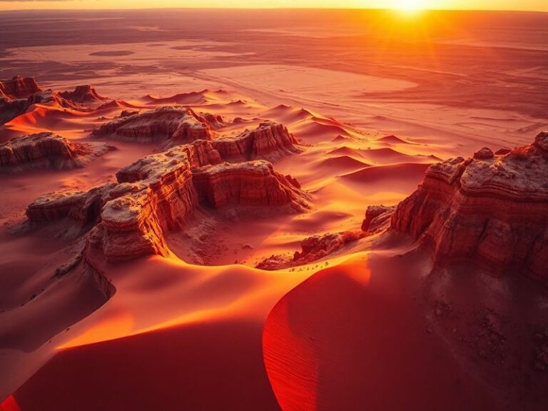A cinematic shot of the Crimson Desert update's new biome, featuring towering sand dunes, a setting sun, and a lone player ch
