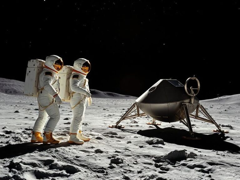 An artist’s rendering of a SpaceX Starship landing on the lunar surface near the South Pole, with Earth visible in the black