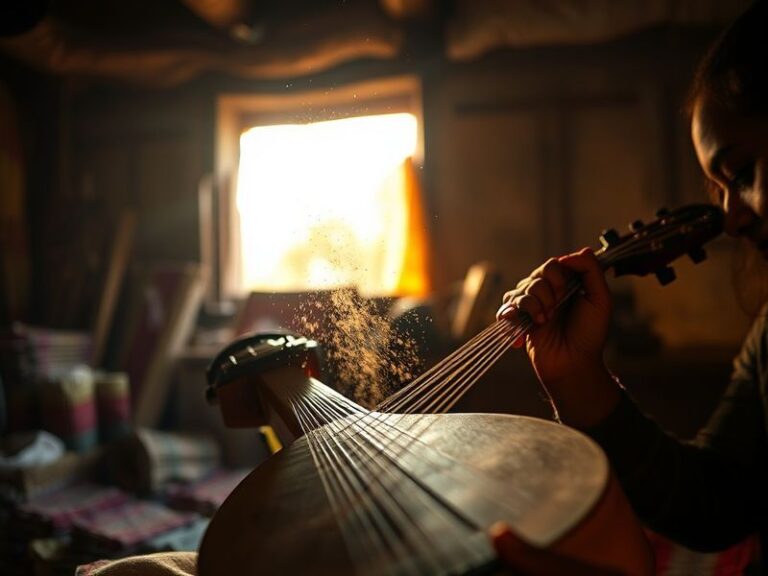 A close-up of a handcrafted cachirula drum made from chonta wood and vicuña skin, placed on a woven textile with Andean mount