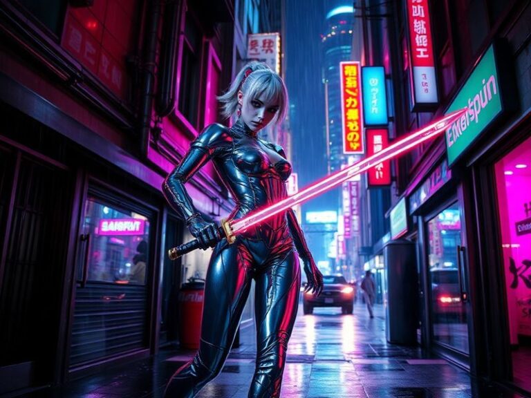 A vibrant, surreal image of Slayyyter performing on stage with bright pink hair, bedazzled accessories, and a cyberpunk-inspi