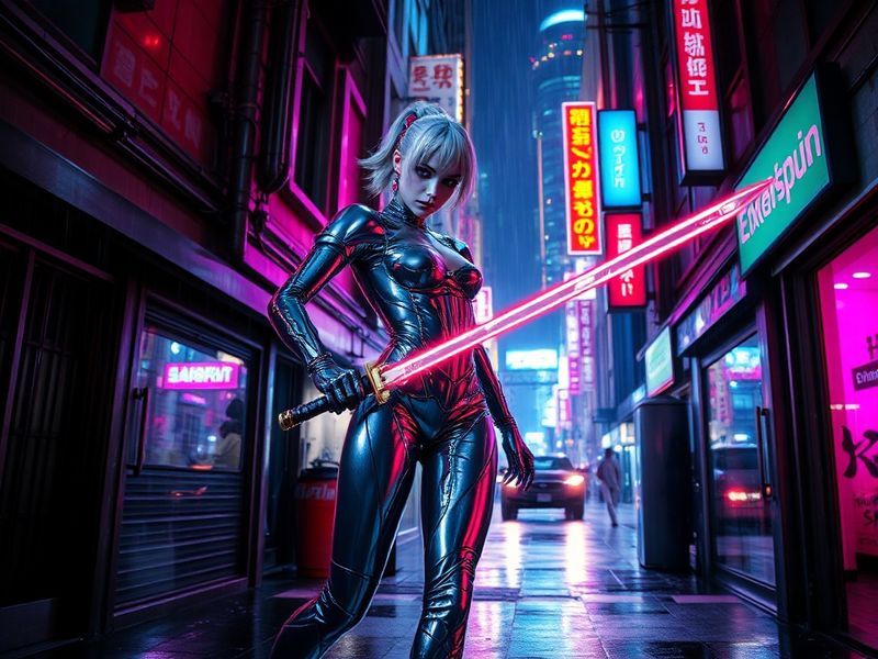 A vibrant, surreal image of Slayyyter performing on stage with bright pink hair, bedazzled accessories, and a cyberpunk-inspi