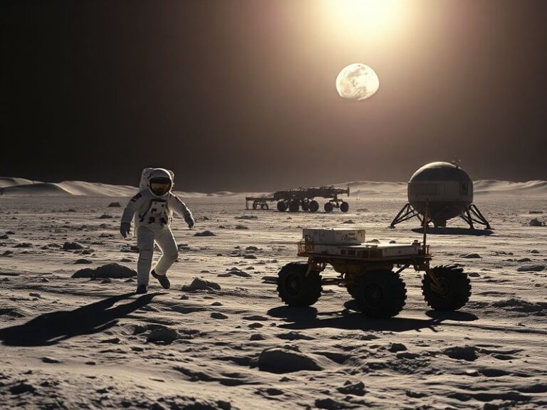 A concept image of NASA's Artemis 3 mission, featuring the SpaceX Starship Human Landing System on the lunar surface with ast