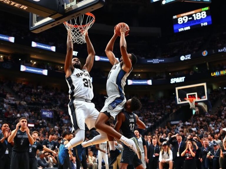 A dynamic NBA game scene at the AT&T Center, featuring the Spurs' Devin Vassell driving past the Mavericks' Luka Dončić, with