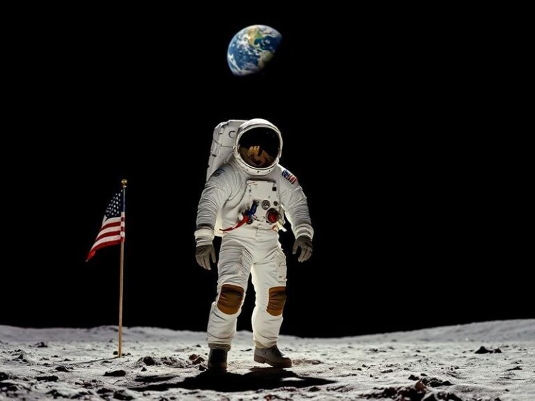 A black-and-white photograph of Neil Armstrong in his NASA spacesuit, standing on the lunar surface with the American flag an