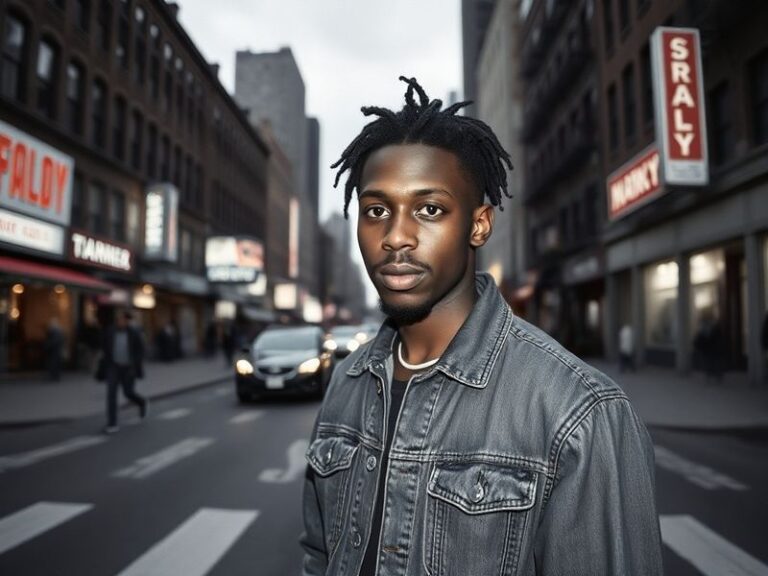 A dynamic shot of Daeqwon Plowden in his studio, surrounded by vibrant paintings and spray cans, with a large unfinished mura