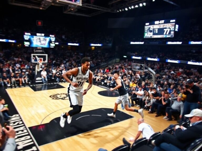 A dynamic NBA game shot featuring Victor Wembanyama defending Luka Dončić in the paint, with the AT&T Center in the backgroun