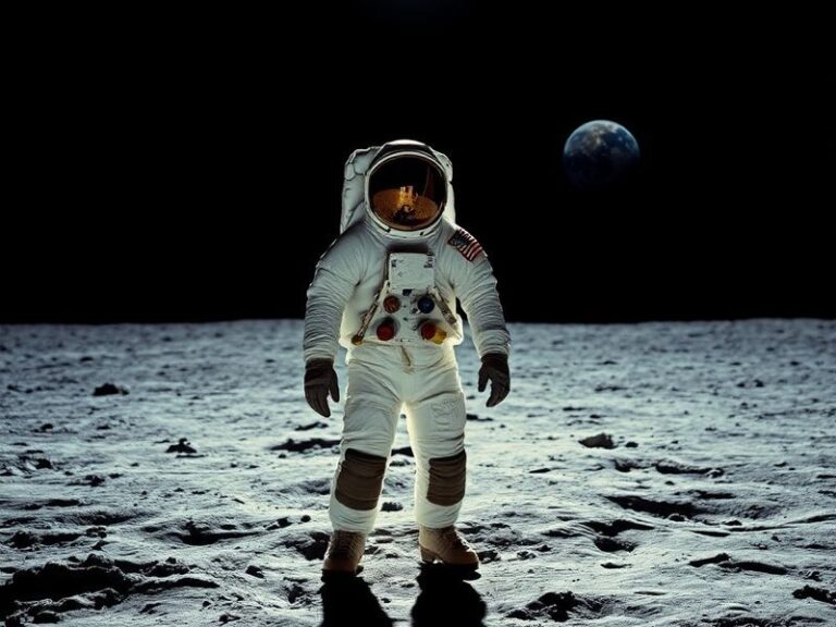 A black-and-white photograph of Neil Armstrong descending the lunar module ladder to step onto the Moon's surface, with Earth