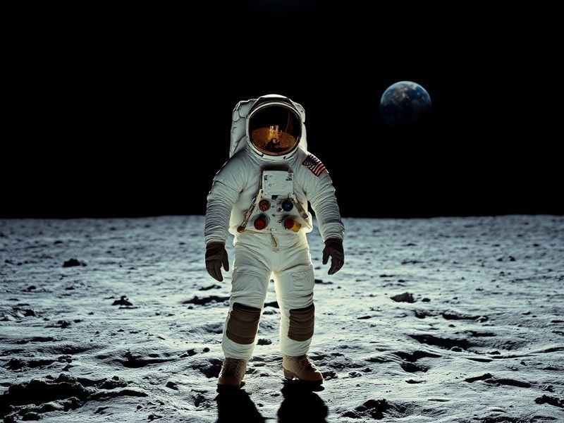A black-and-white photograph of Neil Armstrong descending the lunar module ladder to step onto the Moon's surface, with Earth