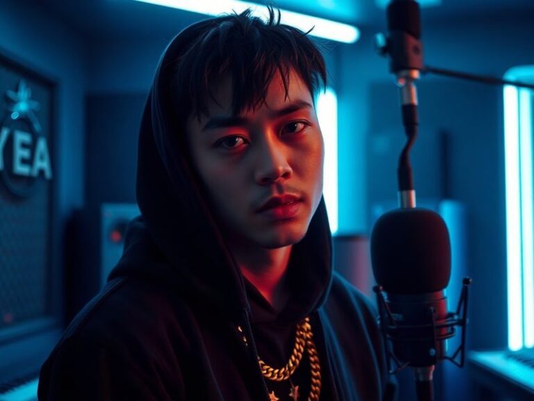 A dynamic portrait of Swae Lee in a studio setting, wearing a stylish streetwear outfit with a gold chain and headphones, sur