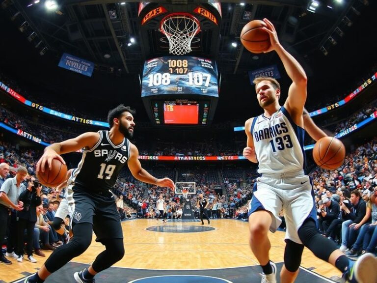 A dynamic NBA court scene at AT&T Center in San Antonio, featuring Luka Dončić in a Mavericks uniform driving against Victor