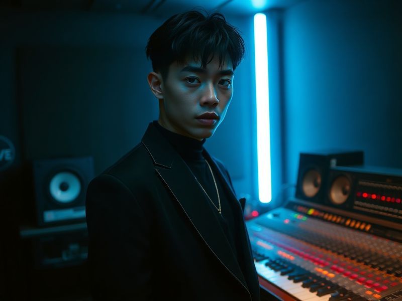 A dynamic portrait of Swae Lee in a dimly lit studio, wearing a futuristic gold chain and sunglasses, with a microphone in ha