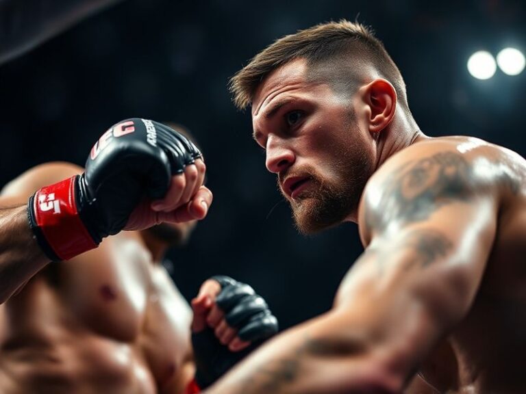 A dynamic action shot of Cub Swanson mid-fight in the octagon, showcasing his striking technique with a focused expression, s
