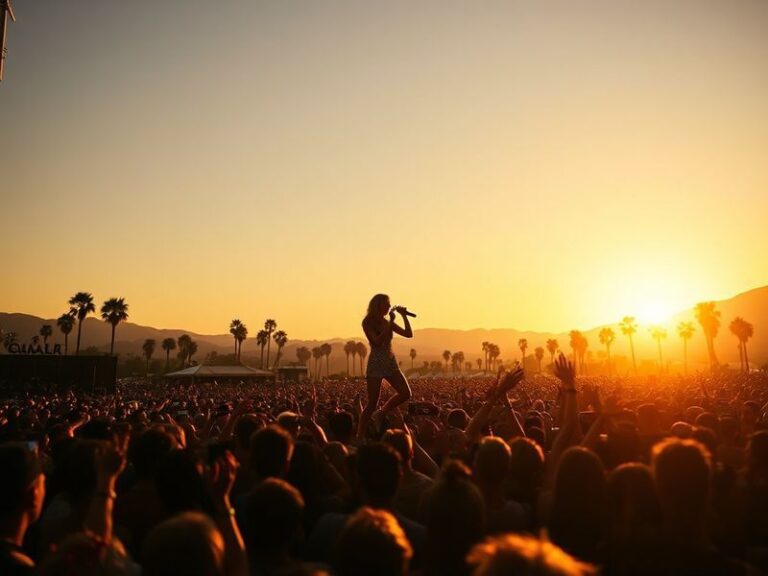 A vibrant concert photo of Taylor Swift performing on a moss-covered stage at Coachella, bathed in golden-hour lighting with