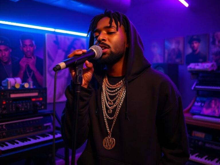 A candid studio portrait of Swae Lee in a dimly lit room, wearing a stylish hoodie and headphones, with a microphone in hand