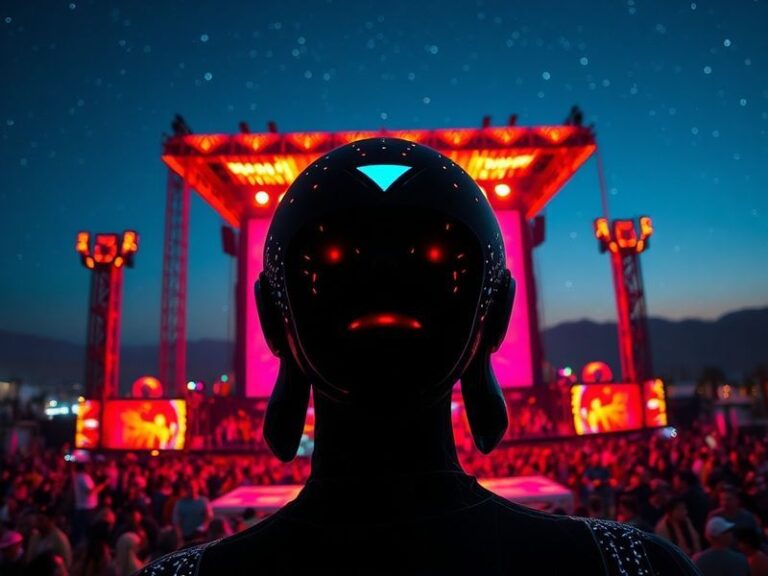 A vibrant, high-energy shot of anyma's Coachella stage at night, featuring a massive cylindrical 360-degree screen with dynam