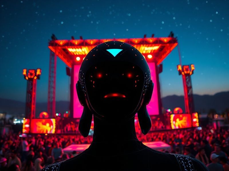 A vibrant, high-energy shot of anyma's Coachella stage at night, featuring a massive cylindrical 360-degree screen with dynam