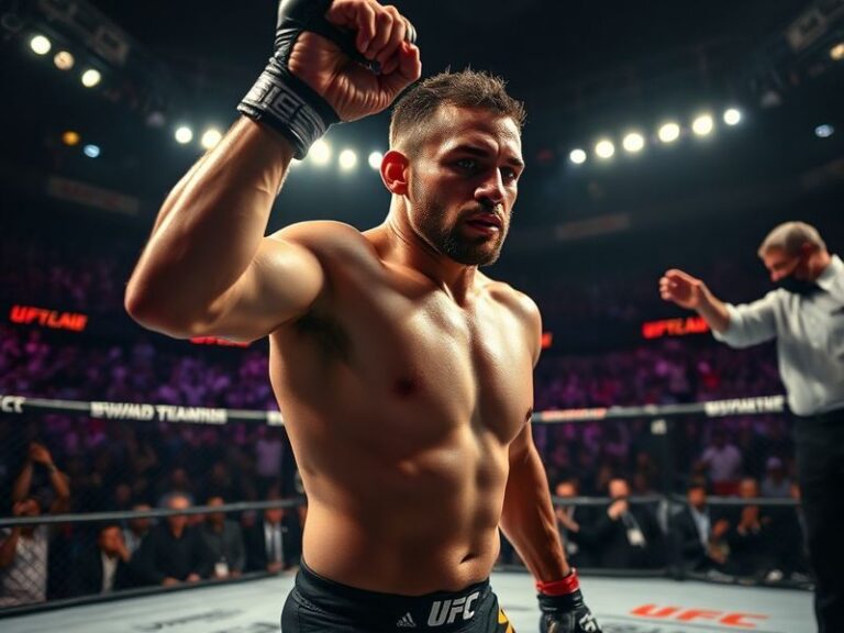 A dynamic action shot of Cub Swanson mid-fight in the UFC octagon, showcasing his striking technique and intense focus, with