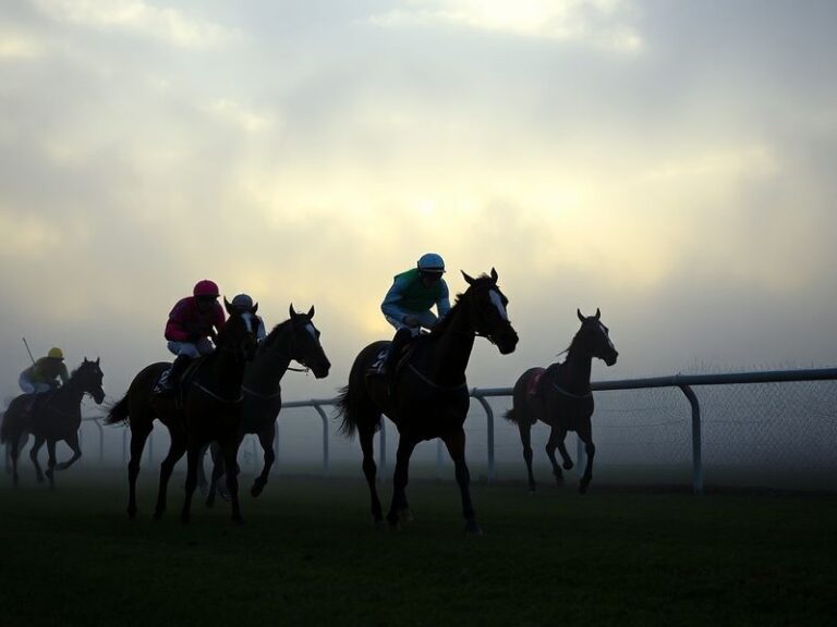 A dramatic shot of the Grand National course at Aintree under dark, stormy skies with horses jumping a waterlogged fence. The