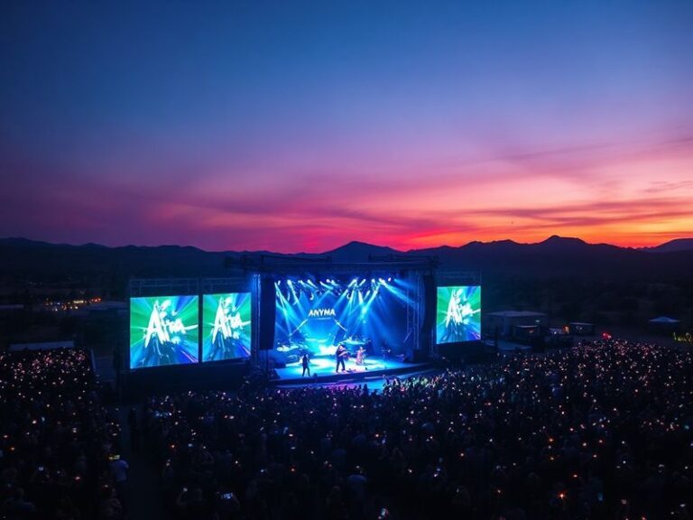 A wide shot of the Sahara Tent at Coachella 2024 with Anyma standing motionless on stage, surrounded by a silent crowd under