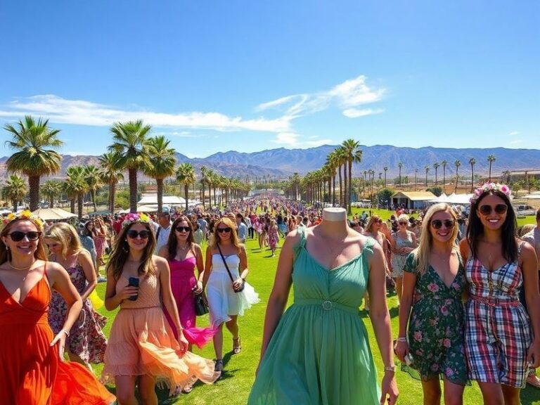 A vibrant daytime shot of Coachella festival grounds under bright blue skies, with palm trees swaying and crowds wearing hats