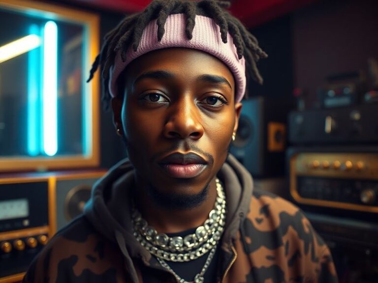 A stylish portrait of Swae Lee in a dimly lit studio, wearing a black hoodie and gold chains, with studio equipment and warm