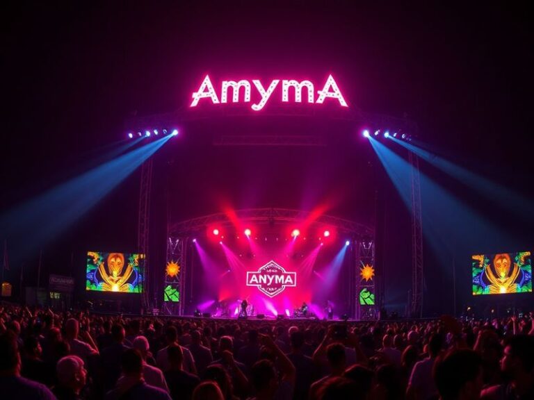 A vibrant nighttime scene at Coachella’s Anyma zone, featuring glowing interactive light installations, dancers in motion-tri
