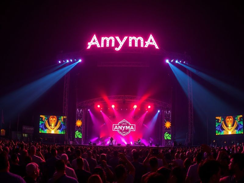 A vibrant nighttime scene at Coachella’s Anyma zone, featuring glowing interactive light installations, dancers in motion-tri