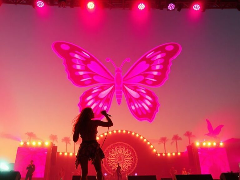 A vibrant concert scene at Coachella with Anyma performing on stage, surrounded by a crowd wearing bone conduction headphones