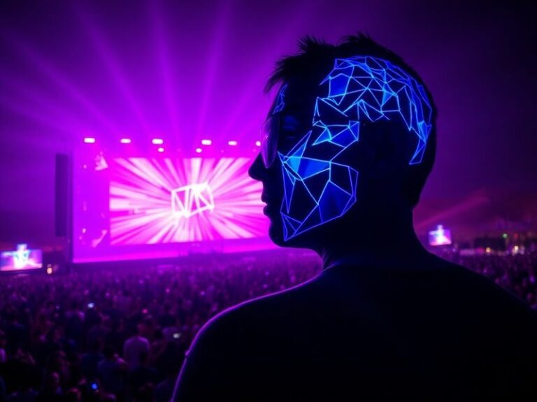 A dynamic stage shot at Coachella with glowing neon AI visuals and a crowd raising their hands, blending futuristic tech with