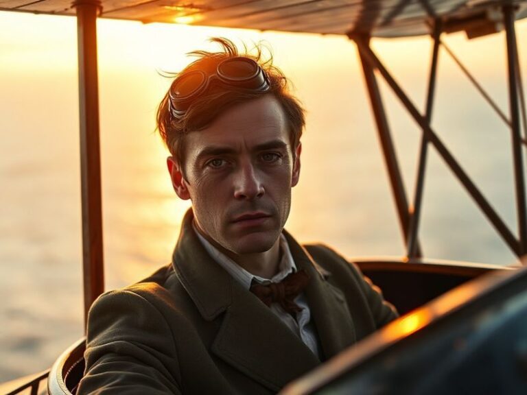 A professional portrait of Julian Ovenden in a tailored suit, standing in a softly lit theater or studio setting, exuding cha