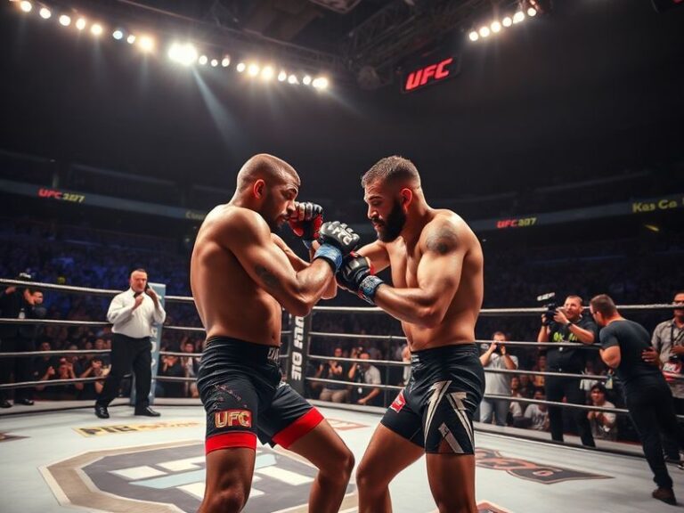 A high-energy shot of UFC 327’s flyweight title fight between Alexandre Pantoja and Brandon Royval in São Paulo, Brazil, with