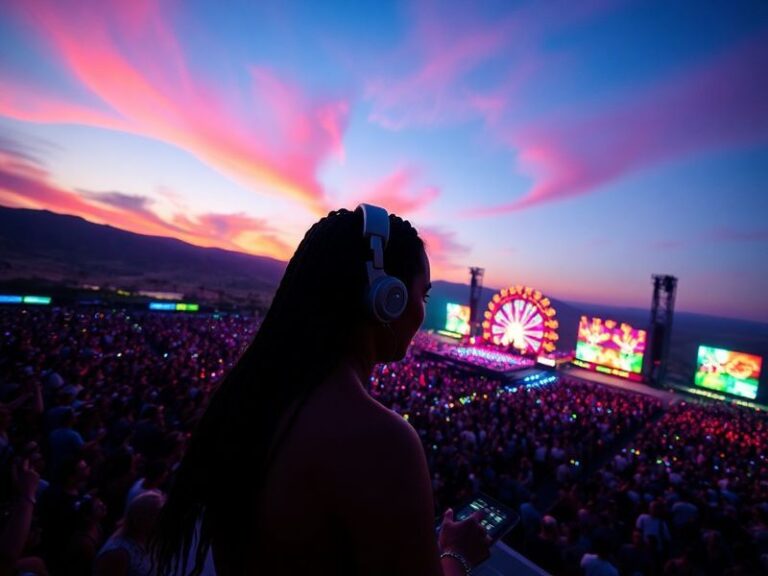 A focused shot of Anyma performing onstage at Coachella’s Sahara Tent, bathed in soft blue lighting with analog synths and dr