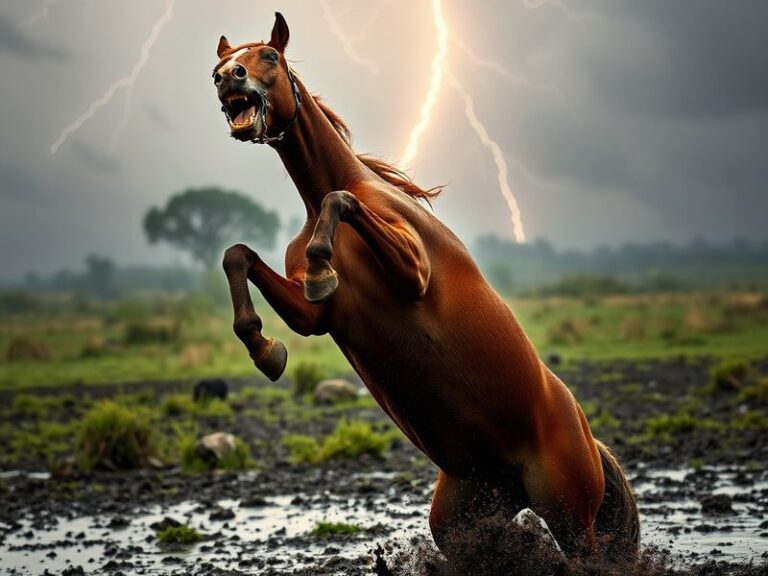 A tense scene showing a person experiencing a panic attack while a horse nearby reacts with wide eyes and flared nostrils, se